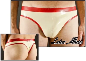 Бяло с червена тапицерия Мъжко Сексуално Горещо бельо от 100% естествен латекс, Къси, плътно Прилепнали панталони Гумените Rubber от XS до XXXL Изображение