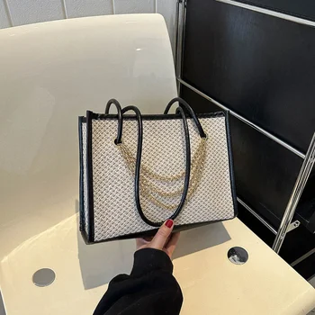 Луксозна Дизайнерска чанта с Голям капацитет, Сламени Плетени Чанти за Жени, Чанта-тоут на веригата, Bolsas, Дамски Чанти-Купувач на рамото Изображение