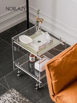 Прозрачен приставной маса в съвременната прост хол, акрилни малка масичка, нощно шкафче за спалня Изображение