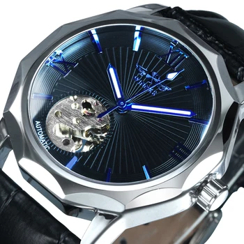 Winner Blue Ocean Геометричен Дизайн Прозрачен Скелет на Мъжки Часовници Най-добрата Марка на Луксозни Механични Часовници, Автоматични Часовници за Мъже Изображение
