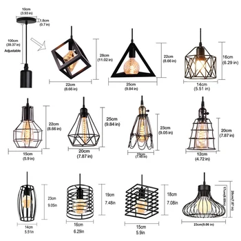 Модерна Клетка Окачен лампа E27 Iron минималистичен Ретро скандинавски таванско помещение пирамидална окачен лампа Метален окачен тавана лампа Изображение