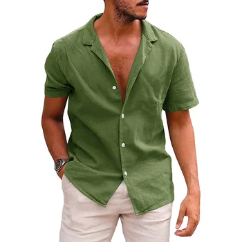 Лятна бельо мъжка тениска с къс ръкав, без монофонични жилетка копчета, памучни ленени ризи за мъже Изображение