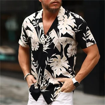 Мъжки ризи, хавайски ризи, уменьшающий размер на графичен цвете, черен принт дизайн, дизайн на дрехи с къс ръкав, плажен топ, риза за партита Изображение
