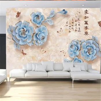 Потребителски 3D тапети в синьо е изписано за домашно и богат цвете божур хол разтегателен фон стенни живопис от папие-маше 5d тапети Изображение