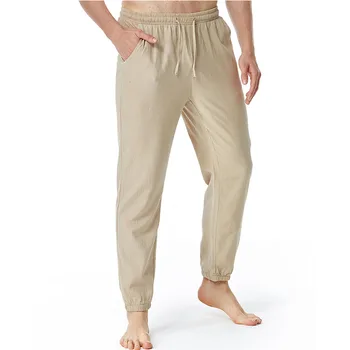Мъжки памучни ленени панталони на експозиции с еластична гумена лента за кръста, ежедневни панталони за йога, Мъжки ежедневни леки домашни спортни панталони Ropa Hombre Изображение