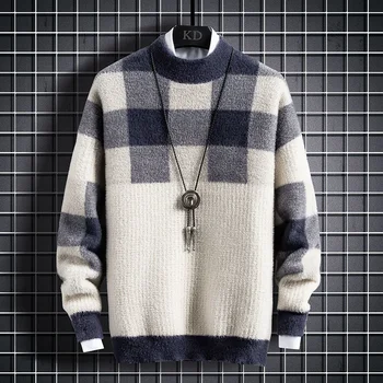 Новост зимата, висококачествен вълнен пуловер с висока воротом, мъжки модни каре пуловери, дебели топли мъжки коледни пуловери, потници Изображение