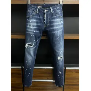 Мъжки модерни панталони от деним за хай стрийт, на ежедневните модерни дънки за мото и колоездачи с дупки, боядисани аэрозольной боя 9883# Изображение