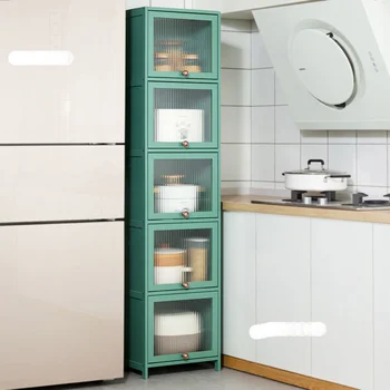 Модерен бамбук кухненски шкаф Кухненски мебели открит шкаф с тесен рафт Многослоен шкаф за съхранение на микровълновата печка с панти като Изображение