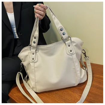 Големи Черни дамски чанти през рамо, ежедневни чанти-тоут голям размер, качествена чанта-тоут от изкуствена кожа, дамски пътна чанта за пазаруване Изображение
