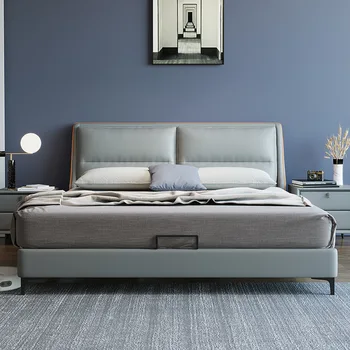 Двойно легло от естествена кожа, скандинавски кожено легло 1,8 м, двойно легло, италианска модерна и договорна, лека в леглото, много мека брачното легло. Изображение