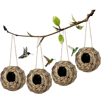 Окачен птичи къщичка-гнездо от 4 опаковки за улиците, ръчно изработени от естествена трева за градини, тераси, стволовете на дървета Изображение