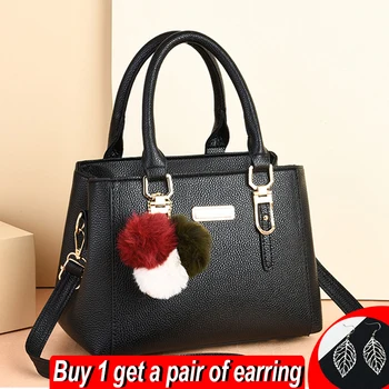 Зимна Дамска чанта Hairball от Изкуствена кожа, Модни Маркови Чанти на рамо, Дамски Голямата Голям Чанта С горната дръжка за Чанта-Тоут За Пазаруване, портфейл Изображение