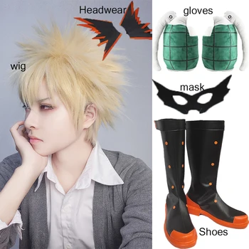 My Hero Academia Bakugou Katsuki, перука, обувки за cosplay в стила аниме, Ботуши, обувки за cosplay супергерой за Хелоуин, реквизит, ръкавици, маска, перука Изображение