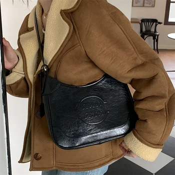 Дизайнерска дамска чанта през рамо, реколта чанта под мишниците, модни дамски чанти-незабавни посланици от изкуствена кожа, прости дамски чанти с надпис Изображение