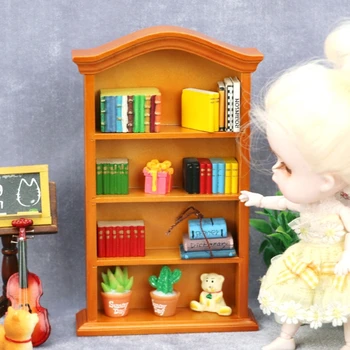 1:12 Куклена къща, миниатюрни Мебели, мини-лавица за книги, шкаф-витрина, Модел библиотеката, детски играчки за всекидневната, Аксесоари Изображение