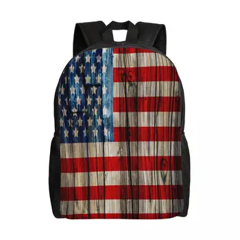 Училищна чанта 15-инчов раница за лаптоп за Ежедневна чанта през рамо Пътен раница със стария американски флаг на дървена ограда Раница Mochila Изображение