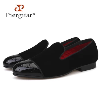 Piergitar/нов стил, мъжки кадифени обувки са ръчно изработени от лачена кожа с перфорации под формата на буллока, сватбени и вечерни мъжки лоферы върху плоска подметка Изображение