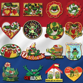 Бродирана емблема на Oeteldonk, Карнавал във формата на анимационни жаби за Холандия, железни ивици за дрехи, Етикети, Апликация райе Изображение