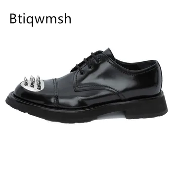 Черни мъжки лоферы с тръни и остри пръсти, сребристи метални нитове, мъжки обувки на плоска подметка с шнур, модерни обувки за партита 2023 година Изображение
