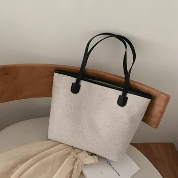 Дамски холщовая чанта през рамо, корейската мода, художествени писма, холщовая чанта с голям капацитет, лесна чанта-тоут с едно рамо Изображение