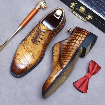 Италиански дизайн, ръчно рисувани с букви, мъжки сватбени обувки за посещения от естествена кожа, висококачествени официални бизнес модела обувки Изображение