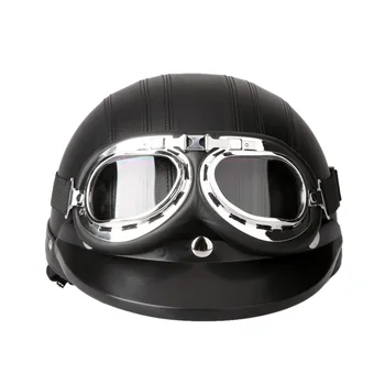 54-60 см, мотоциклет скутер в ретро стил, полупрозрачни кожена каска с козирка, UV очила Изображение