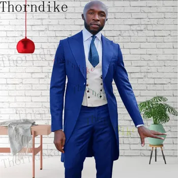 Мъжки костюм на Кралския син цвят от Thorndike, изработена по поръчка 2022, Смокинги за младоженеца с ревера, Костюми за шаферов, Мъжки сватбени костюми (яке + Панталон + Елек) Изображение